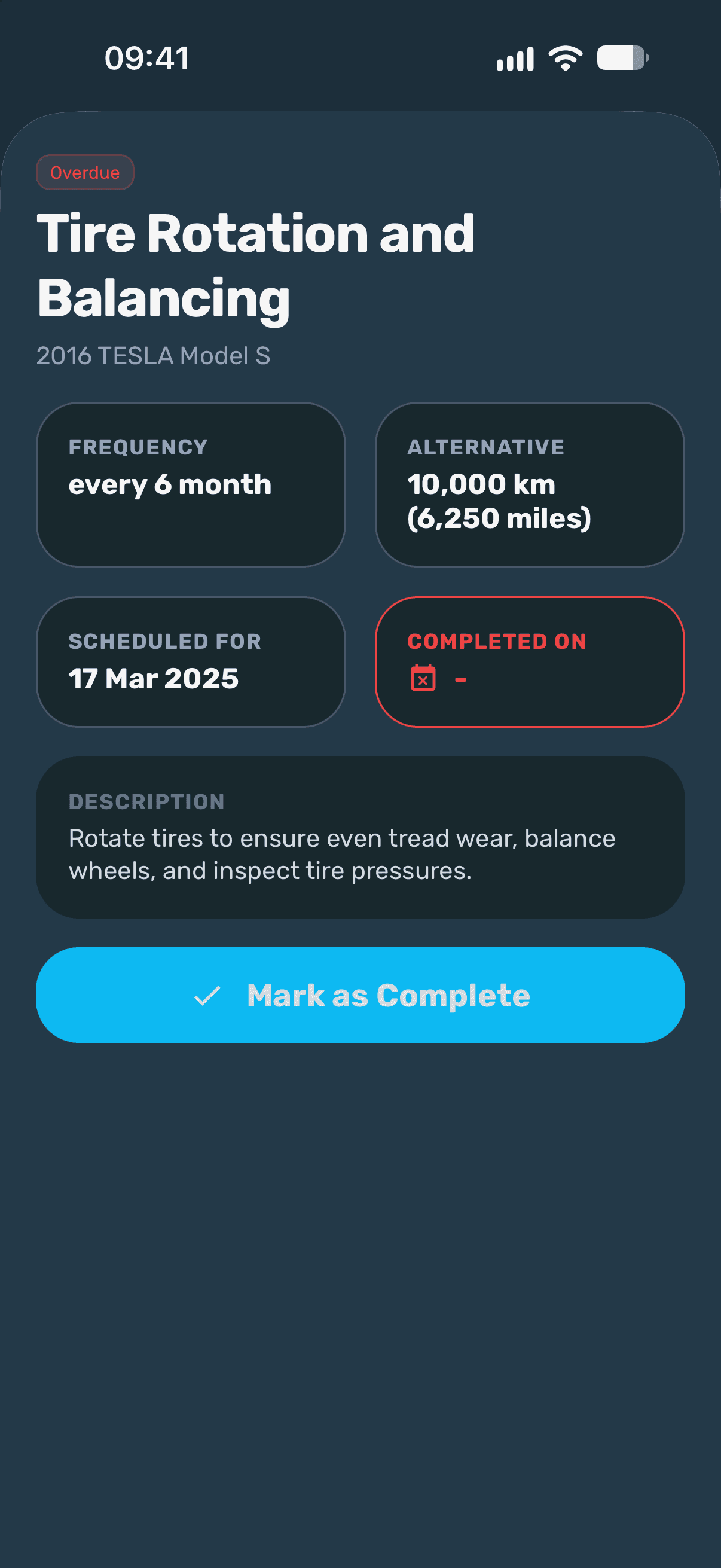 Maintencify app Task Details screen, dark theme